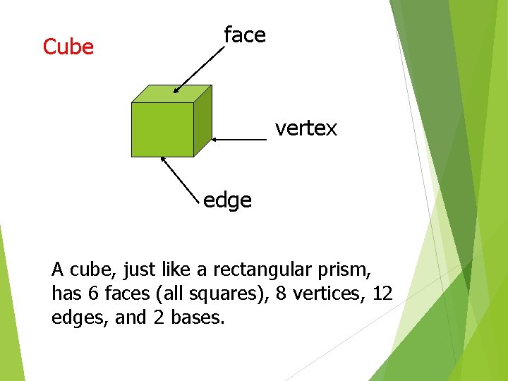 Cube face vertex edge A cube, just like a rectangular prism, has 6 faces Cube face vertex edge A cube, just like a rectangular prism, has 6 faces