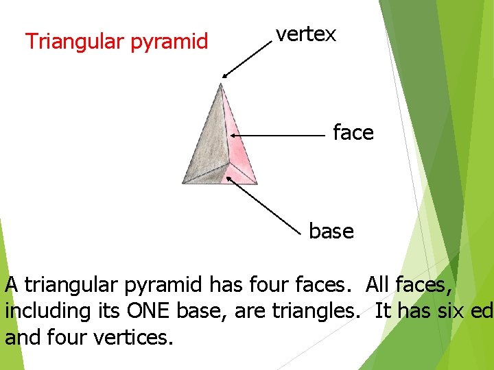 Triangular pyramid vertex face base A triangular pyramid has four faces. All faces, including