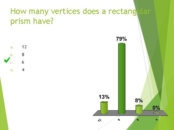 How many vertices does a rectangular prism have? a. 12 b. 8 c. 6 How many vertices does a rectangular prism have? a. 12 b. 8 c. 6