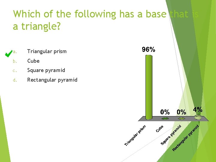Which of the following has a base that is a triangle? a. Triangular prism Which of the following has a base that is a triangle? a. Triangular prism