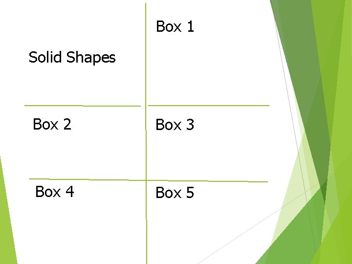 Box 1 Solid Shapes Box 2 Box 3 Box 4 Box 5 