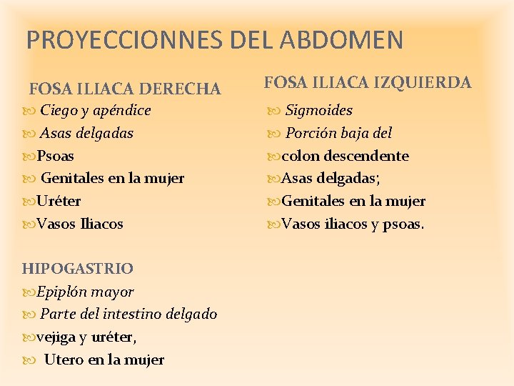 PROYECCIONNES DEL ABDOMEN FOSA ILIACA DERECHA Ciego y apéndice Asas delgadas Psoas Genitales en