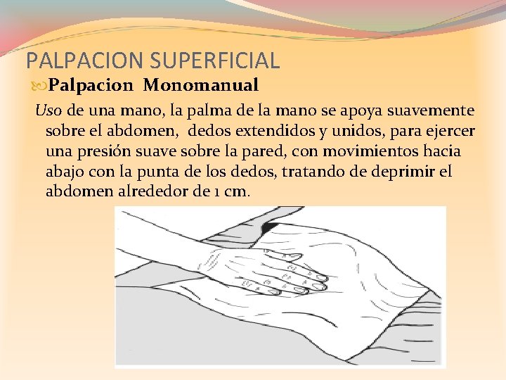 PALPACION SUPERFICIAL Palpacion Monomanual Uso de una mano, la palma de la mano se