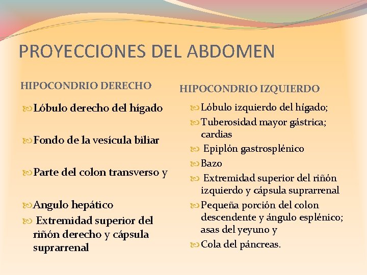 PROYECCIONES DEL ABDOMEN HIPOCONDRIO DERECHO Lóbulo derecho del hígado Fondo de la vesícula biliar
