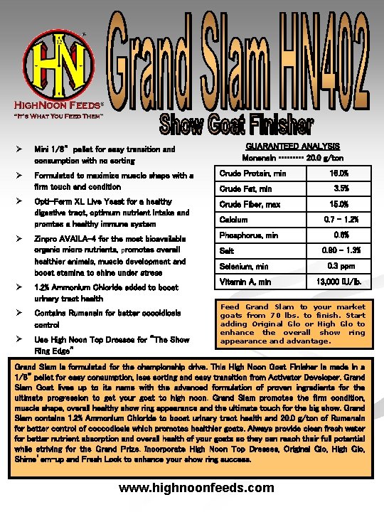 GUARANTEED ANALYSIS Monensin ……… 20. 0 g/ton Ø Mini 1/8” pellet for easy transition