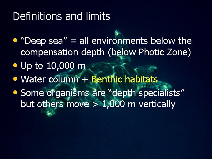 Definitions and limits • “Deep sea” = all environments below the compensation depth (below
