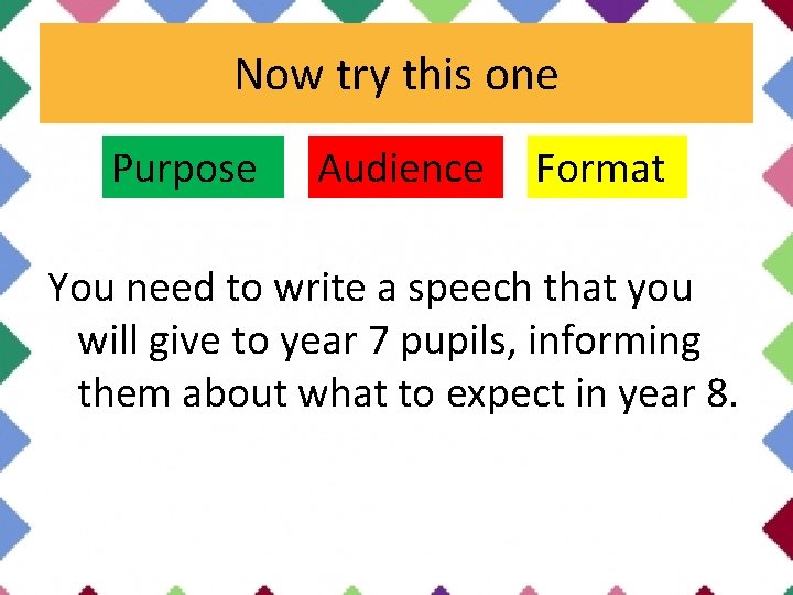 Now try this one Purpose Audience Format You need to write a speech that
