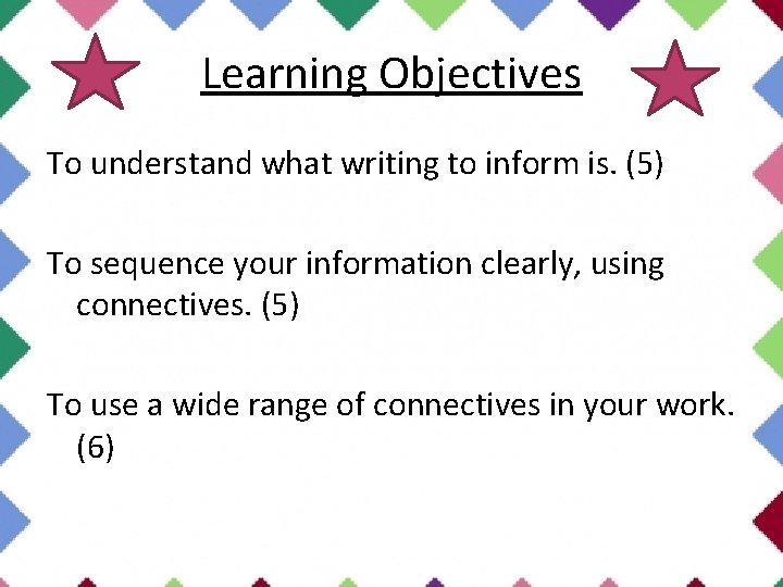 Learning Objectives To understand what writing to inform is. (5) To sequence your information