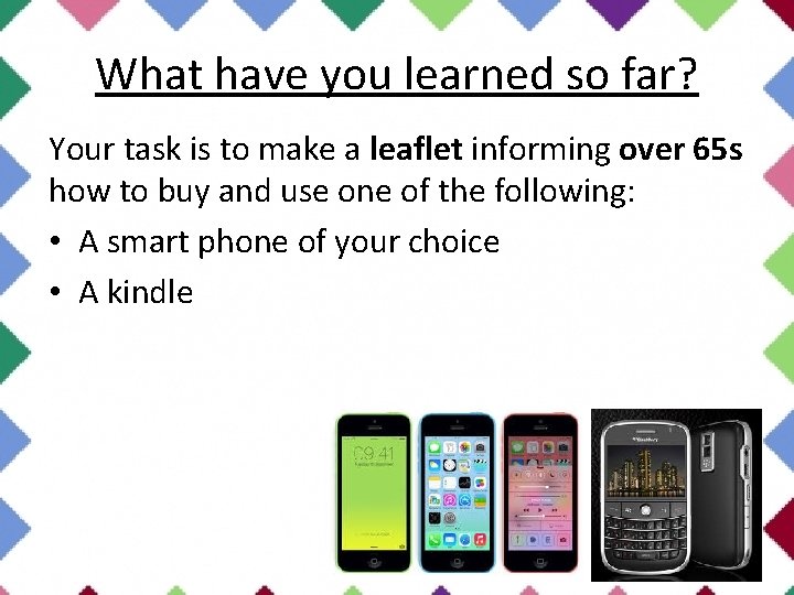 What have you learned so far? Your task is to make a leaflet informing