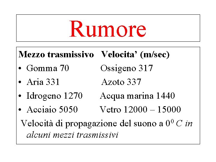 Rumore Mezzo trasmissivo Velocita’ (m/sec) • Gomma 70 Ossigeno 317 • Aria 331 Azoto