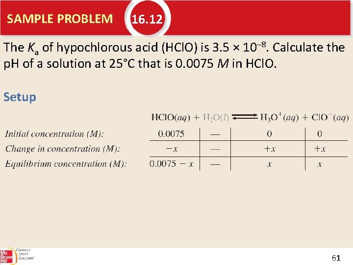 SAMPLE PROBLEM 16. 12 The Ka of hypochlorous acid (HCl. O) is 3. 5