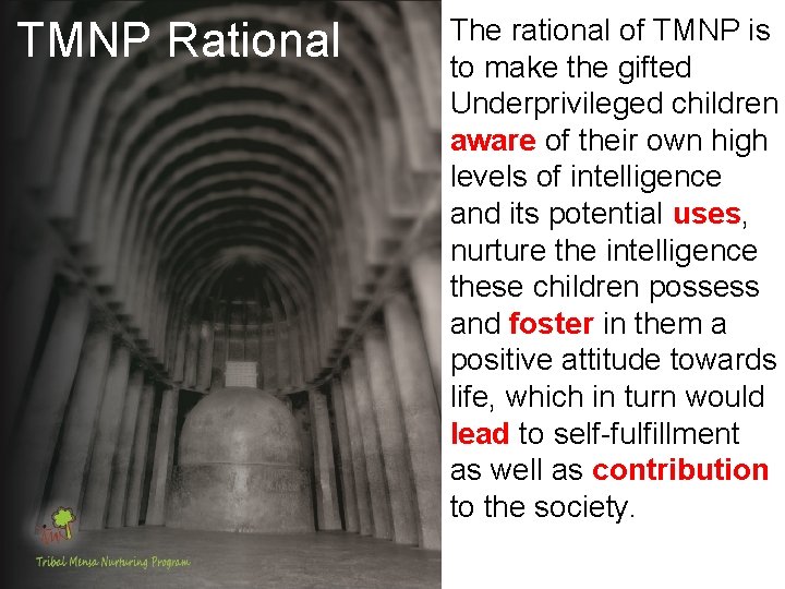 TMNP Rational The rational of TMNP is to make the gifted Underprivileged children aware