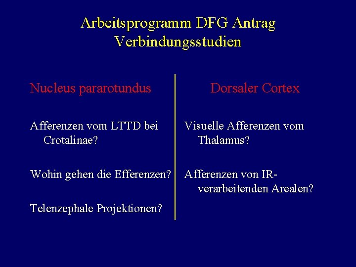 Arbeitsprogramm DFG Antrag Verbindungsstudien Nucleus pararotundus Dorsaler Cortex Afferenzen vom LTTD bei Crotalinae? Visuelle