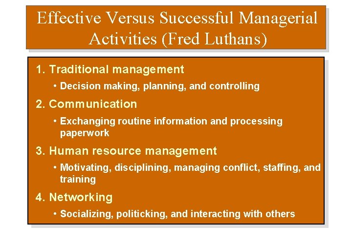 Effective Versus Successful Managerial Activities (Fred Luthans) 1. Traditional management • Decision making, planning,