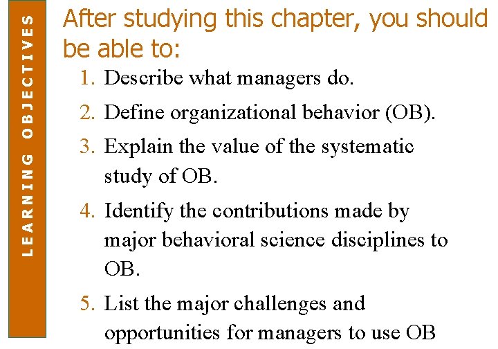 OBJECTIVES LEARNING After studying this chapter, you should be able to: 1. Describe what