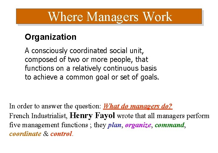 Where Managers Work Organization A consciously coordinated social unit, composed of two or more