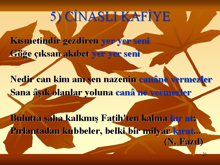 5) CİNASLI KAFİYE Kısmetindir gezdiren yer seni Göğe çıksan akıbet yer seni Nedir can
