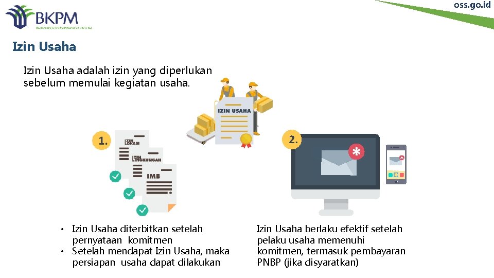 oss. go. id Izin Usaha adalah izin yang diperlukan sebelum memulai kegiatan usaha. •