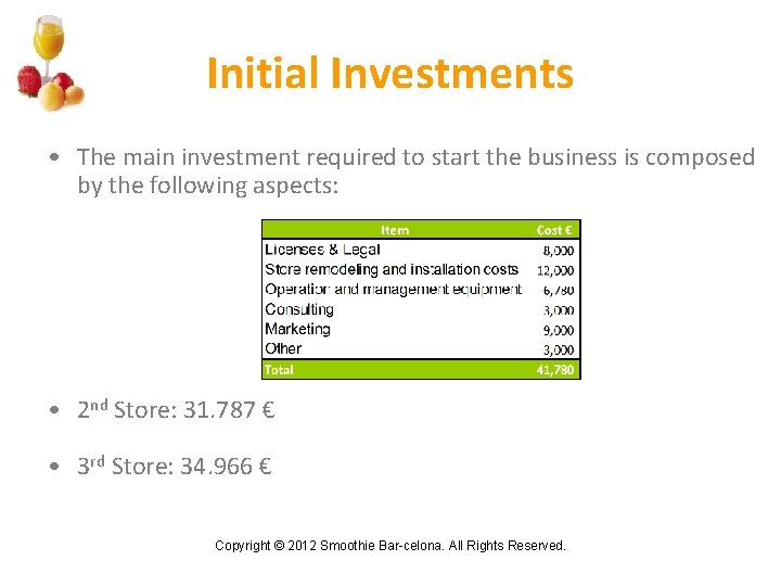 Initial Investments • The main investment required to start the business is composed by
