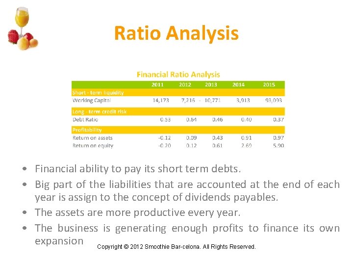 Ratio Analysis • Financial ability to pay its short term debts. • Big part