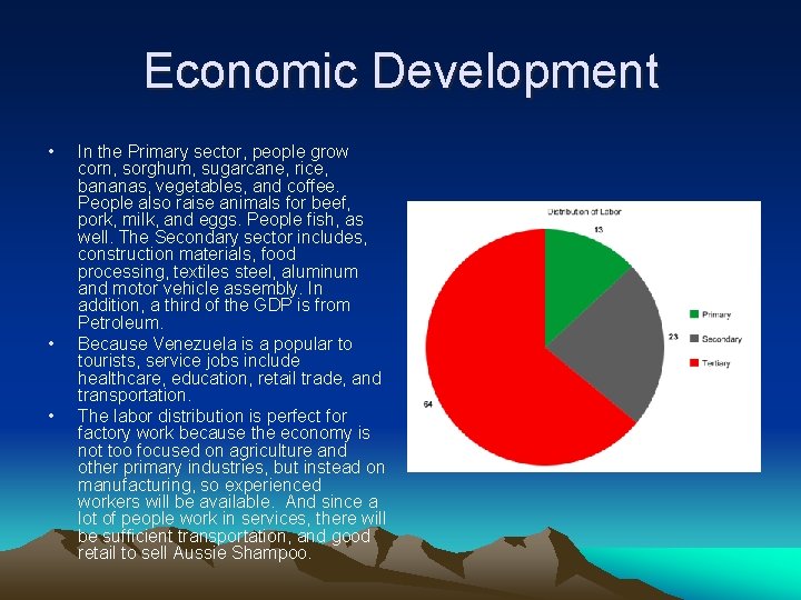 Economic Development • • • In the Primary sector, people grow corn, sorghum, sugarcane,