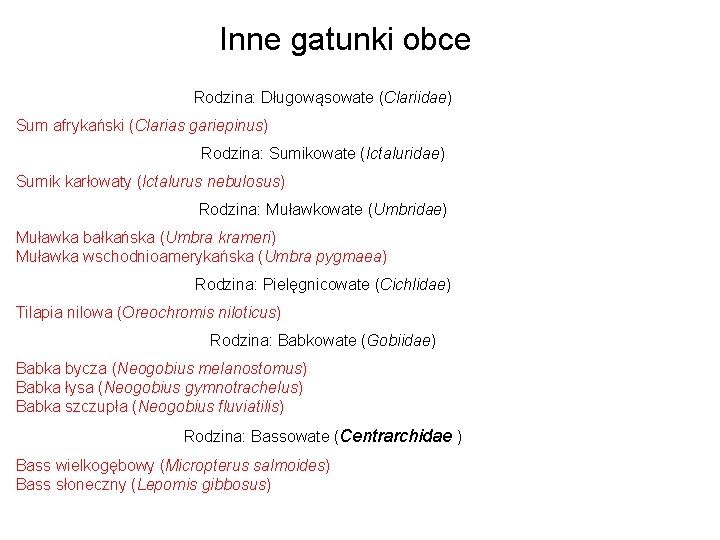 Inne gatunki obce Rodzina: Długowąsowate (Clariidae) Sum afrykański (Clarias gariepinus) Rodzina: Sumikowate (Ictaluridae) Sumik