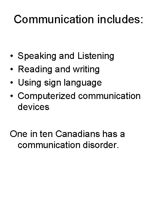 Communication includes: • • Speaking and Listening Reading and writing Using sign language Computerized