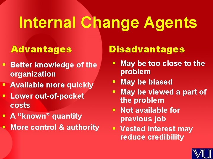 Internal Change Agents Advantages § Better knowledge of the organization § Available more quickly