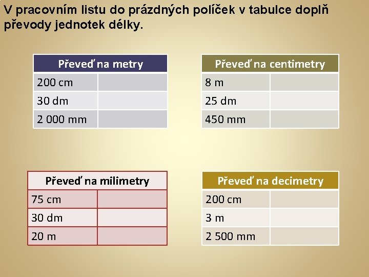 V pracovním listu do prázdných políček v tabulce doplň převody jednotek délky. Převeď na