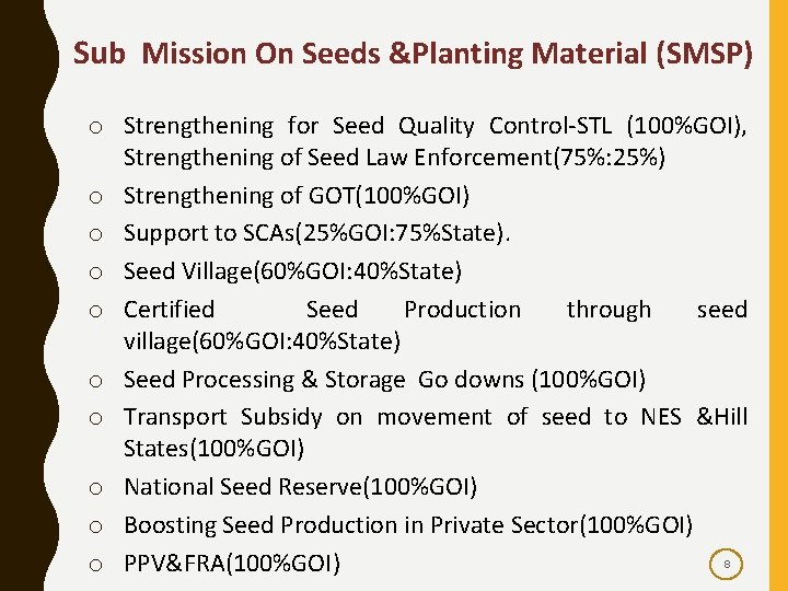 Sub Mission On Seeds &Planting Material (SMSP) o Strengthening for Seed Quality Control-STL (100%GOI),