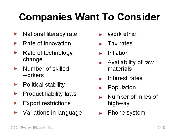 Companies Want To Consider ▶ National literacy rate ► Work ethic ▶ Rate of