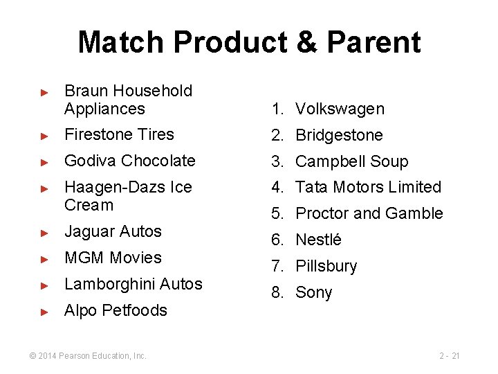 Match Product & Parent Braun Household Appliances 1. Volkswagen ► Firestone Tires 2. Bridgestone