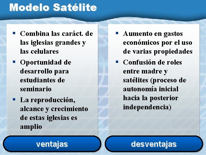 Modelo Satélite § Combina las caráct. de las iglesias grandes y las celulares §
