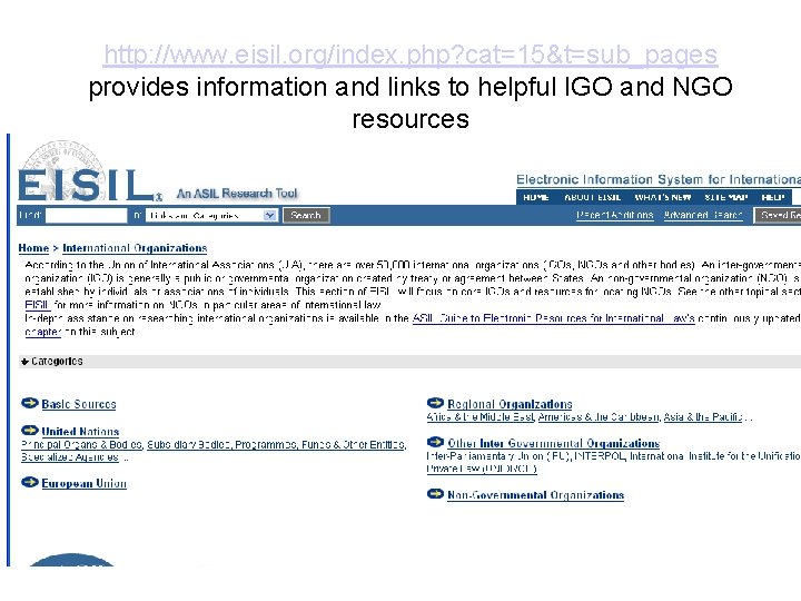 http: //www. eisil. org/index. php? cat=15&t=sub_pages provides information and links to helpful IGO and