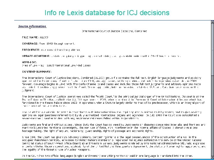 Info re Lexis database for ICJ decisions 