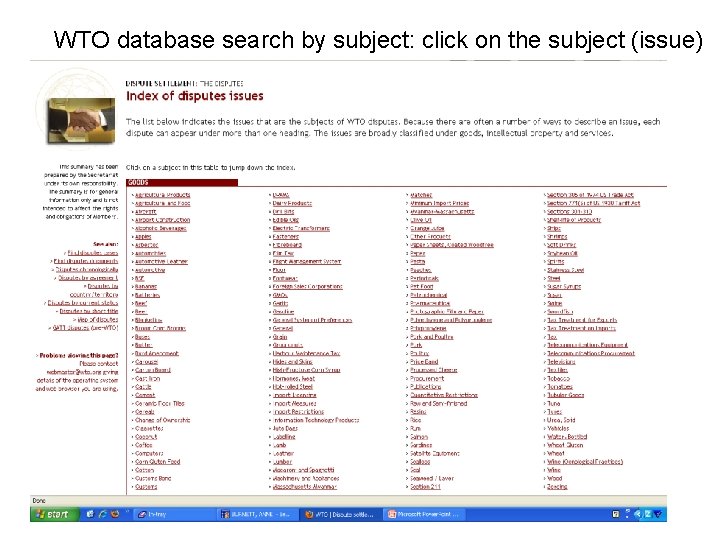 WTO database search by subject: click on the subject (issue) 