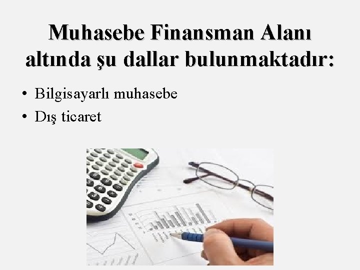 Muhasebe Finansman Alanı altında şu dallar bulunmaktadır: • Bilgisayarlı muhasebe • Dış ticaret 