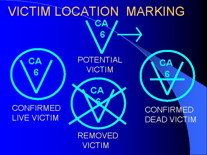 VICTIM LOCATION MARKING CA 6 CONFIRMED LIVE VICTIM POTENTIAL VICTIM CA 6 REMOVED VICTIM