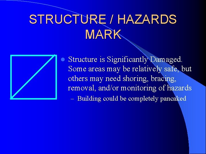 STRUCTURE / HAZARDS MARK l Structure is Significantly Damaged. Some areas may be relatively