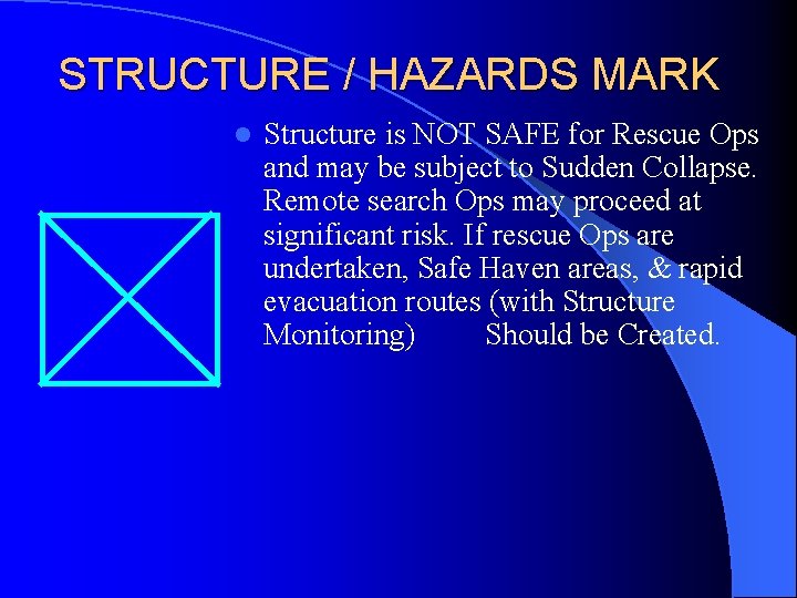 STRUCTURE / HAZARDS MARK l Structure is NOT SAFE for Rescue Ops and may