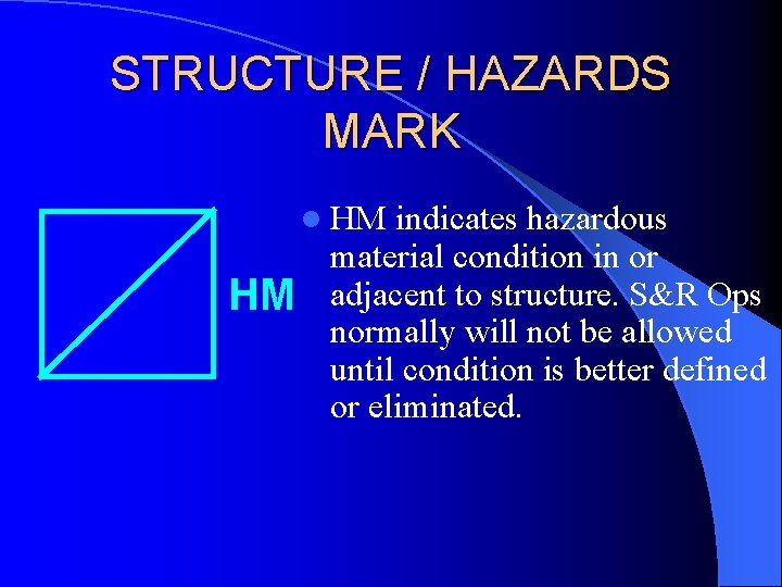 STRUCTURE / HAZARDS MARK l HM HM indicates hazardous material condition in or adjacent