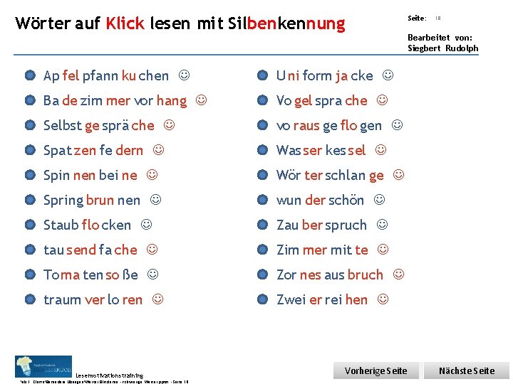 Übungsart: Teil 5 - Wörter Klick lesen - Silbenkennung Wörter aufauf Klick lesen mit