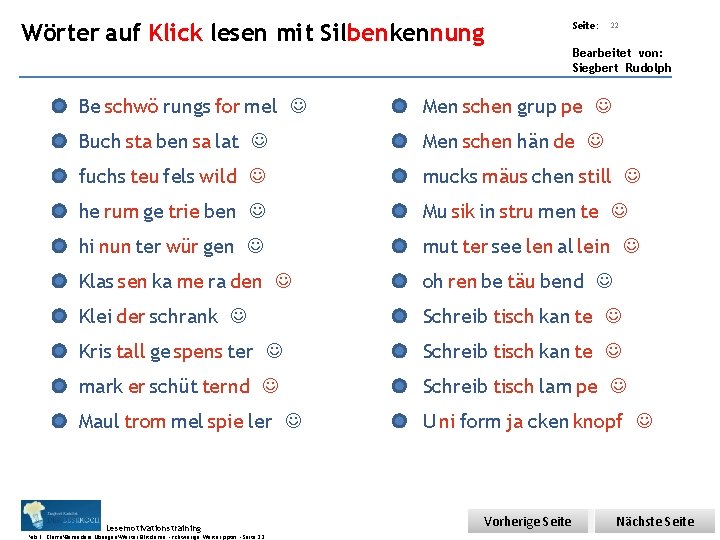 Übungsart: Teil 6 - Wörter Klick lesen - Silbenkennung Wörter aufauf Klick lesen mit