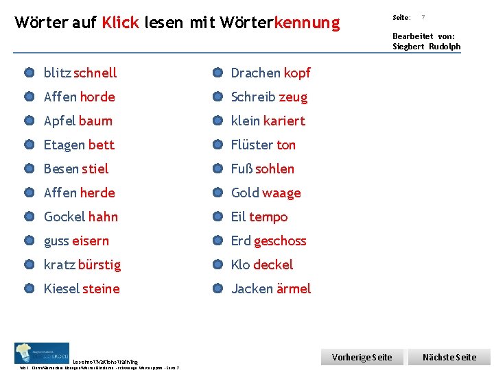 Übungsart: Teil 2 - Wörter Klick lesen - Wörterkennung Wörter aufauf Klick lesen mit