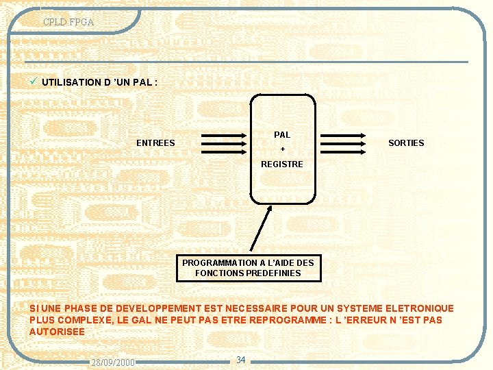 CPLD FPGA ü UTILISATION D ’UN PAL : PAL ENTREES + SORTIES REGISTRE PROGRAMMATION