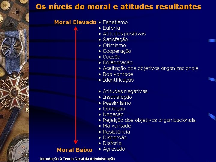 Os níveis do moral e atitudes resultantes Moral Elevado • Fanatismo Moral Baixo •