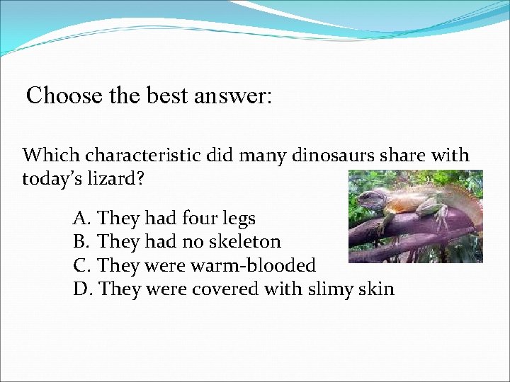 Choose the best answer: Which characteristic did many dinosaurs share with today’s lizard? A.