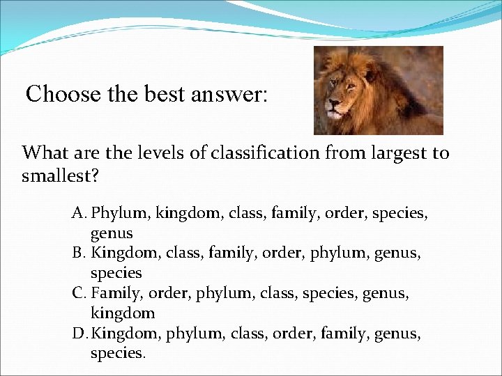 Choose the best answer: What are the levels of classification from largest to smallest?