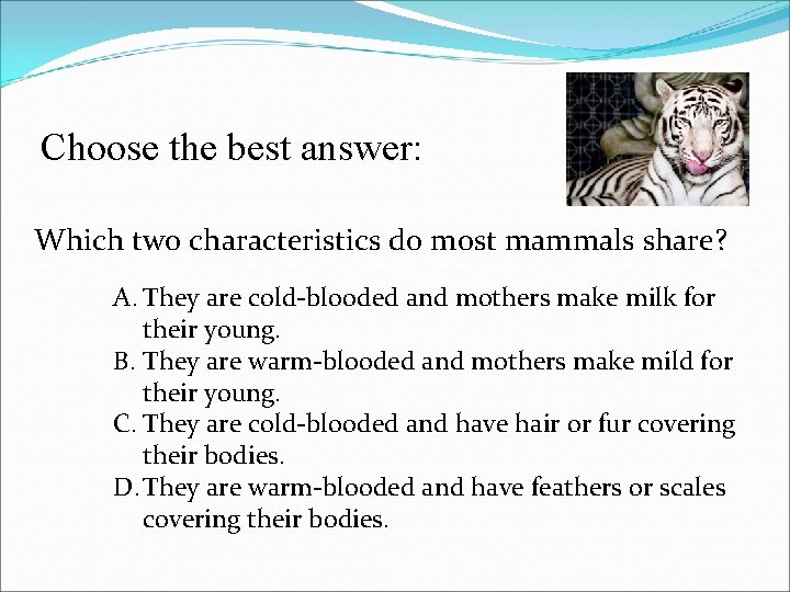 Choose the best answer: Which two characteristics do most mammals share? A. They are