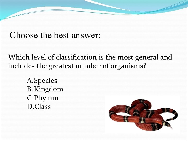 Choose the best answer: Which level of classification is the most general and includes